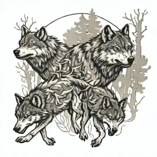 A pack of wolves running through a forest representing grandkids tattoo design idea
