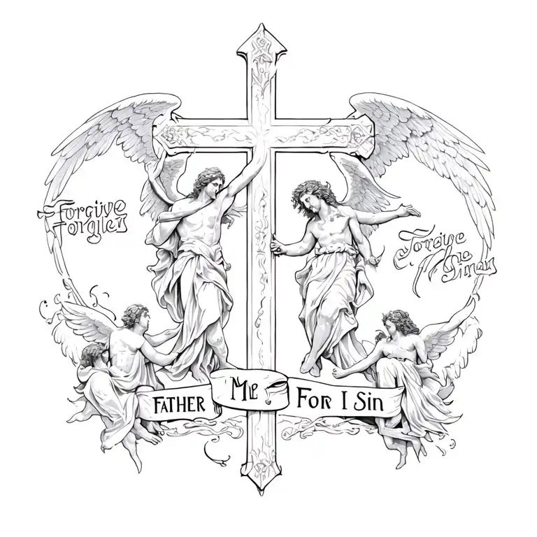 A cross in the middle with angels on one side and demons on the other with the phrase "Forgive Me Father For I Sin"  tattoo design idea