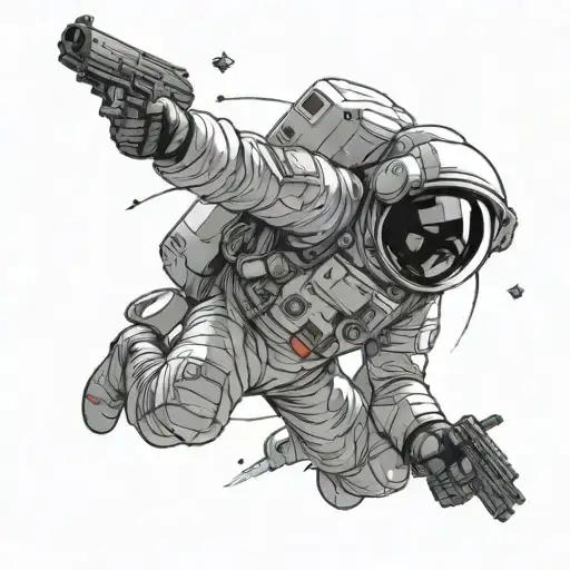 astronaut in space with pistol pointing tattoo design idea