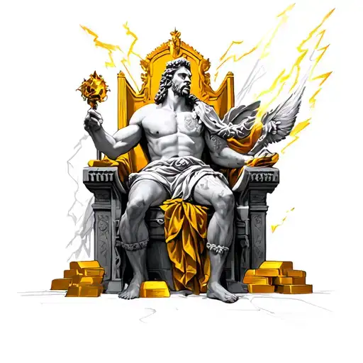 realistic full sleeve with Zeus sitting on a throne made of gold bars and lightning, Ares standing beside him with a fla tattoo design idea