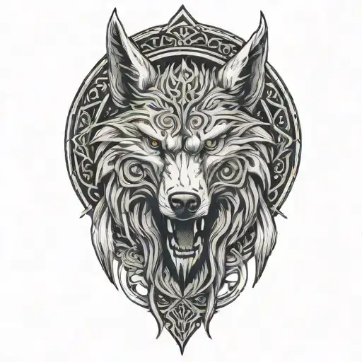 angry fenrir with runes wrapping, nordic skoll and hati tattoo design idea