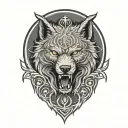 angry fenrir with runes wrapping, nordic skoll and hati tattoo design idea