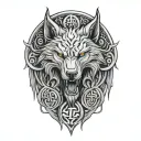 angry fenrir with runes wrapping, nordic skoll and hati tattoo design idea
