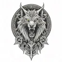 angry fenrir with runes wrapping, nordic skoll and hati tattoo design idea