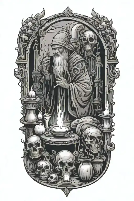 Hermit looking forwards performing a ritual, candles, altar, skulls tattoo design idea