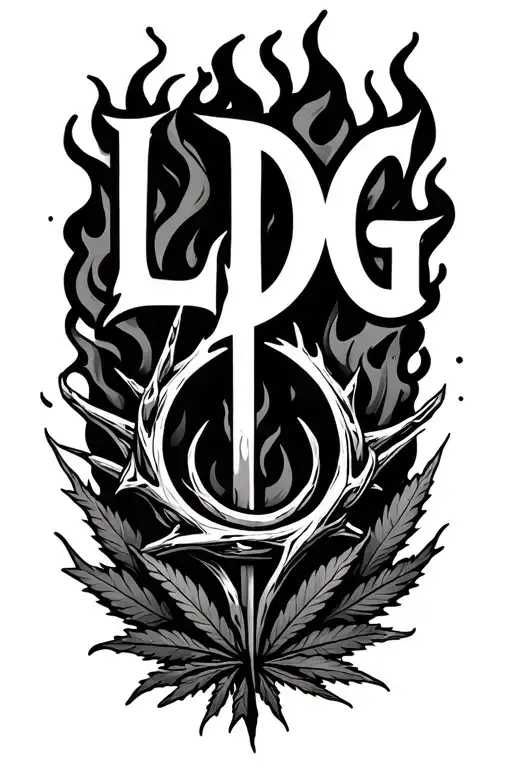 "LDG" ring of thorns, Fire, Smoke and hemp leaves tattoo design idea