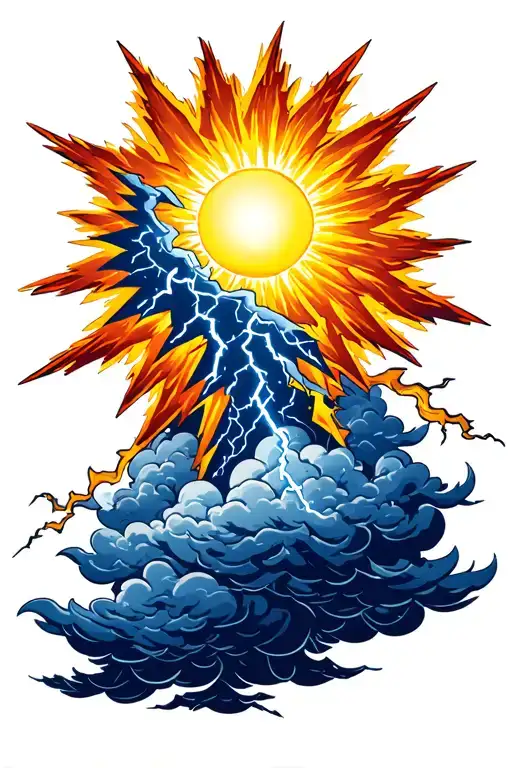 a sun shining through storm clouds with lightning bolts tattoo design idea
