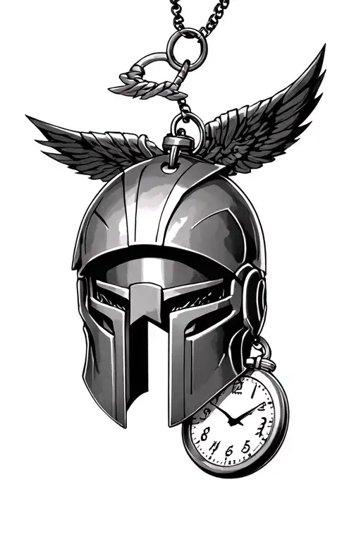 2 Dog tags hang from Spartan Helmet or Pocket Watch. Celestial Glow around the whole thing, Arc Reactor in Pocket Watch tattoo design idea