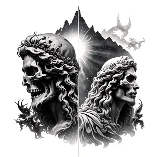 God of death mirroring Zeus facing eacither, Mount Zion in the background with demons behind the god of death add galaxy tattoo design idea