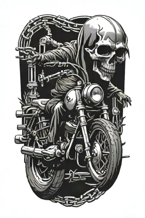 Harley style with railroad tracks circling the right side with one grim reaper skull and motorcycle engines tattoo design idea