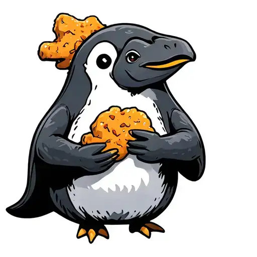 penguin holding a dinosaur shaped chicken nugget tattoo design idea