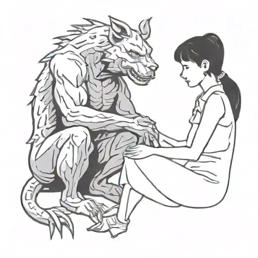 a drawing of a girl comforting a demon beast sitting side by side   tattoo design idea