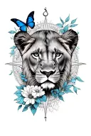 Lioness face coming from behind flowers with a blue butterfly, mandala in background with a broken compass  tattoo design idea