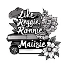 "Luke, Reggie, Ronnie, Maisie" book, toy car, dinosaur and flower next to names tattoo design idea