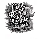 "Luke, Reggie, Ronnie, Maisie" book, toy car, dinosaur and flower next to names tattoo design idea