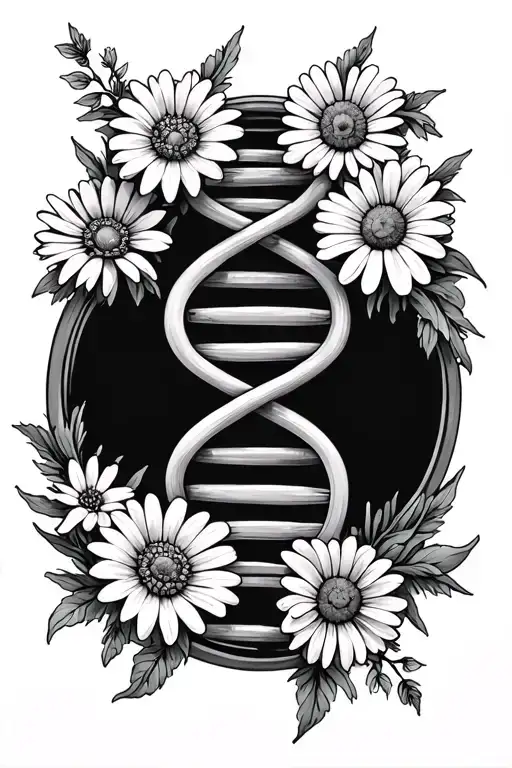 DNA in a circle with daises and marigolds on either side tattoo design idea