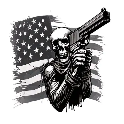 Skelaton holding a gun in a tattered American flag tattoo design idea