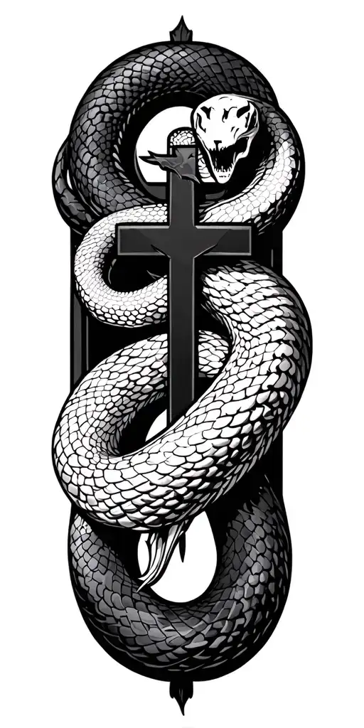 Vector elongated snake silhouette snake bodies wrapped around crucifix dark blackwork gothic tattoo design idea