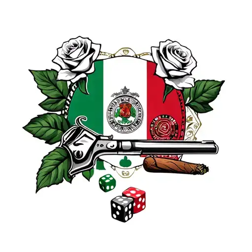 italian flag, italy, roses, dice, face cards, roulette wheel, cigar, gunshot tattoo design idea