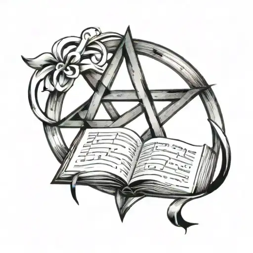 pentagram with heart, open book, music note intertwined tattoo design idea