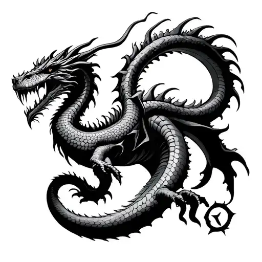 AGGRESSIVE SEA-DRAGON WITH SNAKE-LIKE SCALES AND THE LEVIATHAN SYMBOL tattoo design idea