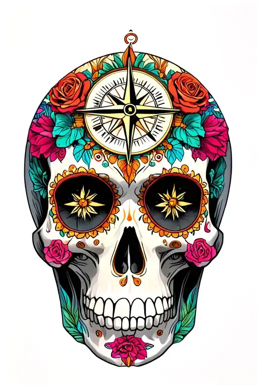 dia de muertos skull, giza pyramids, compass tattoo design idea
