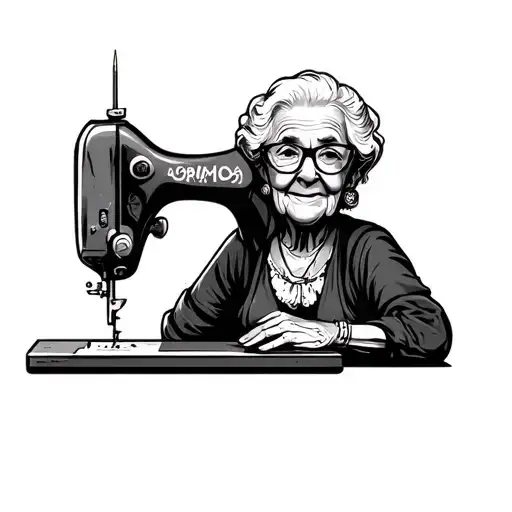 grandma sewing needle cartoon character tattoo design idea