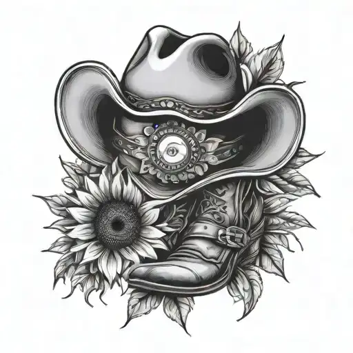 cowboy hat, boots sun flower tattoo design idea