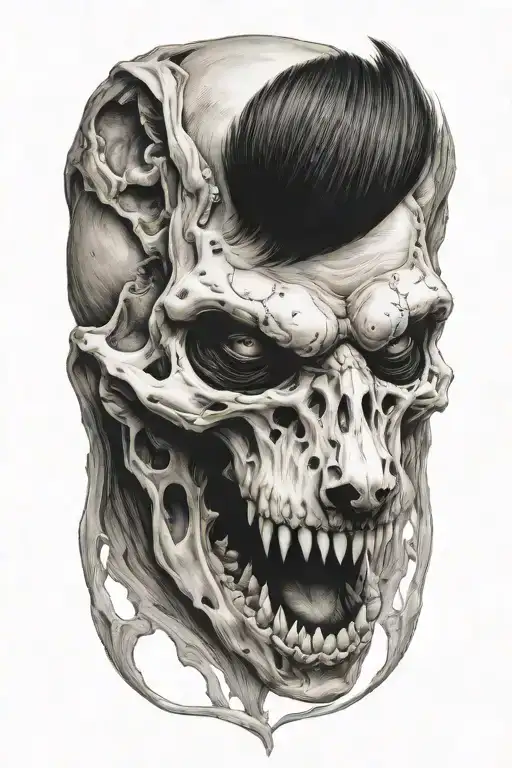 human and wolf skull hybrid creature combining elements tattoo design idea