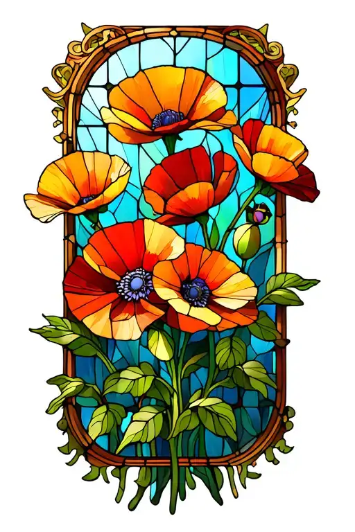 Stained Glass Window with Growing Poppy Flowers and Growing Morning Flory Flowers tattoo design idea