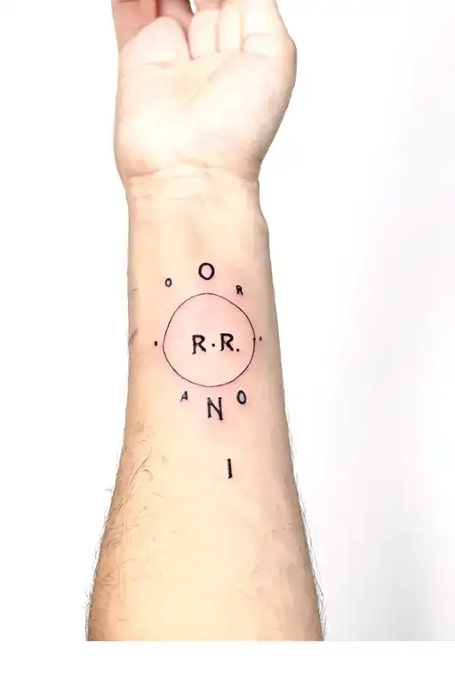 small forarm tatto for men ,letters O,R,R,O,N,I in a circle tattoo design idea