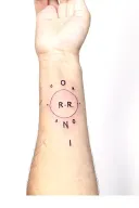 small forarm tatto for men ,letters O,R,R,O,N,I in a circle tattoo design idea