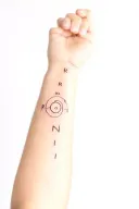 small forarm tatto for men ,letters O,R,R,O,N,I in a circle tattoo design idea