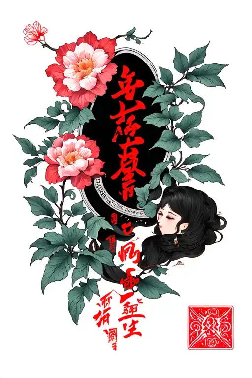 long spine tattoo saying love yourself and put you first in red Chinese letters with traditional vines and flowers tattoo design idea