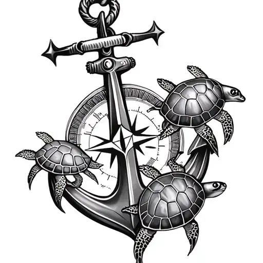 nautical compass anchor and 5 baby sea turtles tattoo design idea