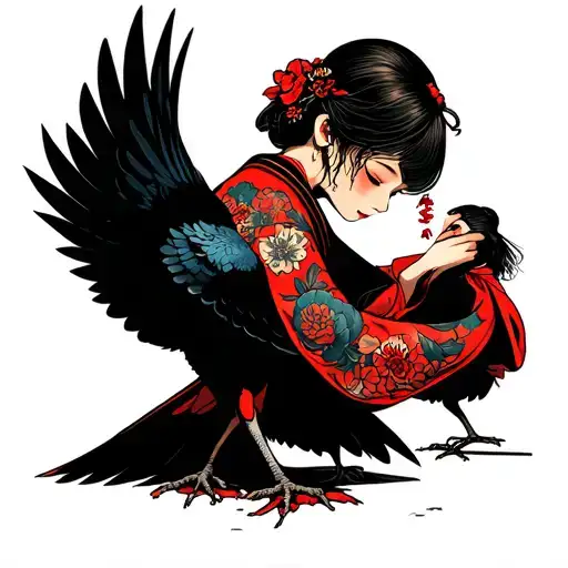 The text" They pick at my broken body" and an image of a decheveled crow picking at a girl tattoo design idea