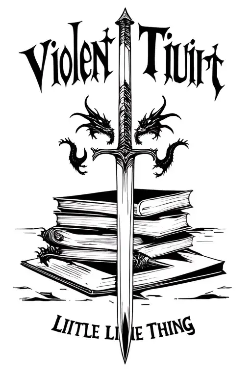 books with a dagger piercing them surrounded by dragons and the quote "Violent Little Thing" tattoo design idea