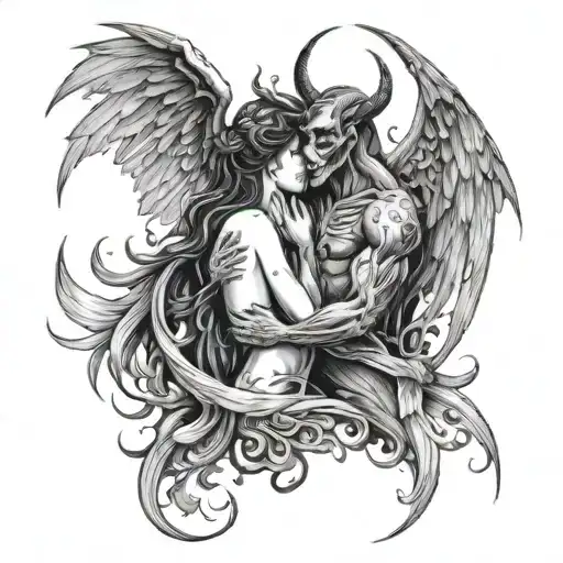 Demon kissing an angel woman tattoo design idea