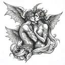 Demon kissing an angel woman tattoo design idea