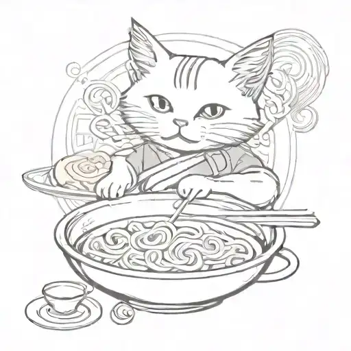 Cat, Ramen, Music vinyl record tattoo design idea