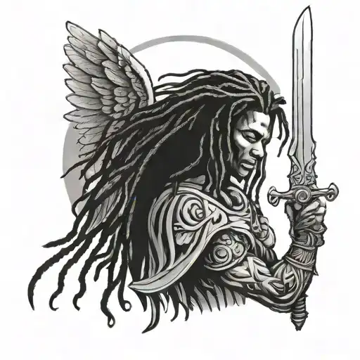 black angel with dreads holding a sword tattoo design idea