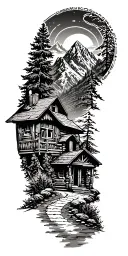Mountain cabin and trail winding road leading its pack tattoo design idea