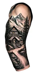 Mountain cabin and trail winding road leading its pack tattoo design idea