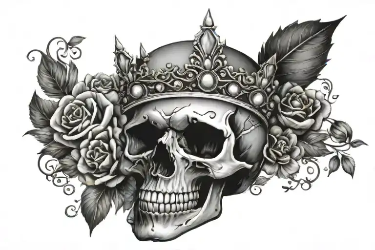 skull adorning a jeweled crown surrounded by gems and flowers tattoo design idea