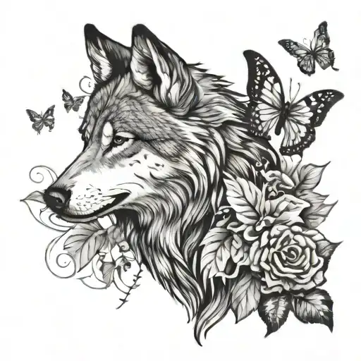 wolf and butterfly emerging tattoo design idea