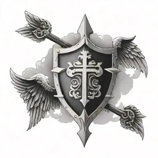 shield with cross and wings surrounded by clouds tattoo design idea