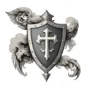 shield with cross and wings surrounded by clouds tattoo design idea