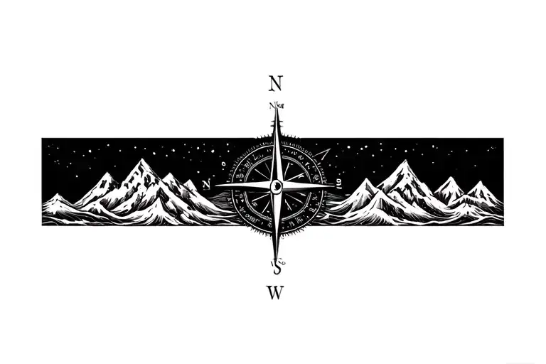large compass with long north point surrounded by intricate geometric moutains and waves. black and white tattoo design idea