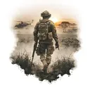 a soldier in full height walking across a field behind him there is a war but through the smoke you can see the sunset tattoo design idea