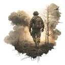 a soldier in full height walking across a field behind him there is a war but through the smoke you can see the sunset tattoo design idea